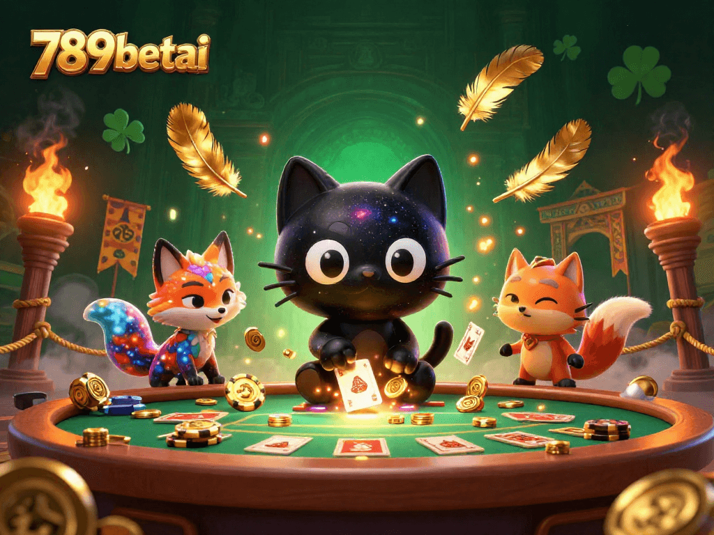 Engage with 789betai at a cosmic casino with a black hole cat and vibrant nebula fox.
