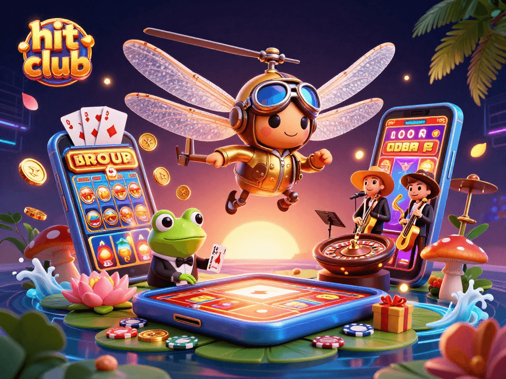 Engage in epic gaming adventures with hit club's vibrant scene of frog croupier and jazzy cricket musicians.