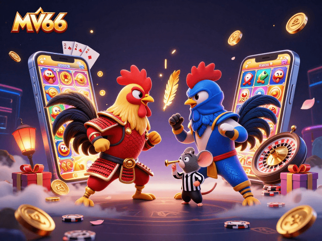 Experience thrilling action at MV66 with 3D cartoon roosters battling amidst vibrant casino games and colorful elements.