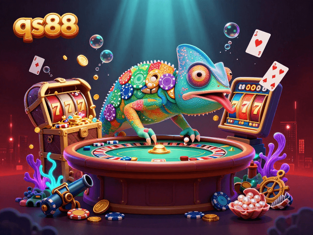 Engage with qs88's vibrant 3D casino scene filled with animated elements and dynamic action.