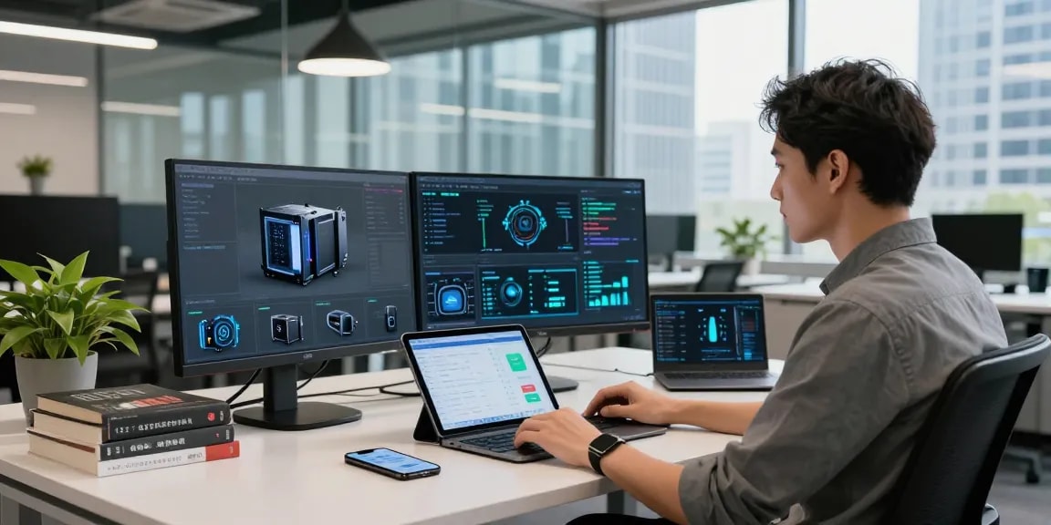 Dynamic edge computing workspace featuring multiple monitors, real-time data feeds, and a modern office environment