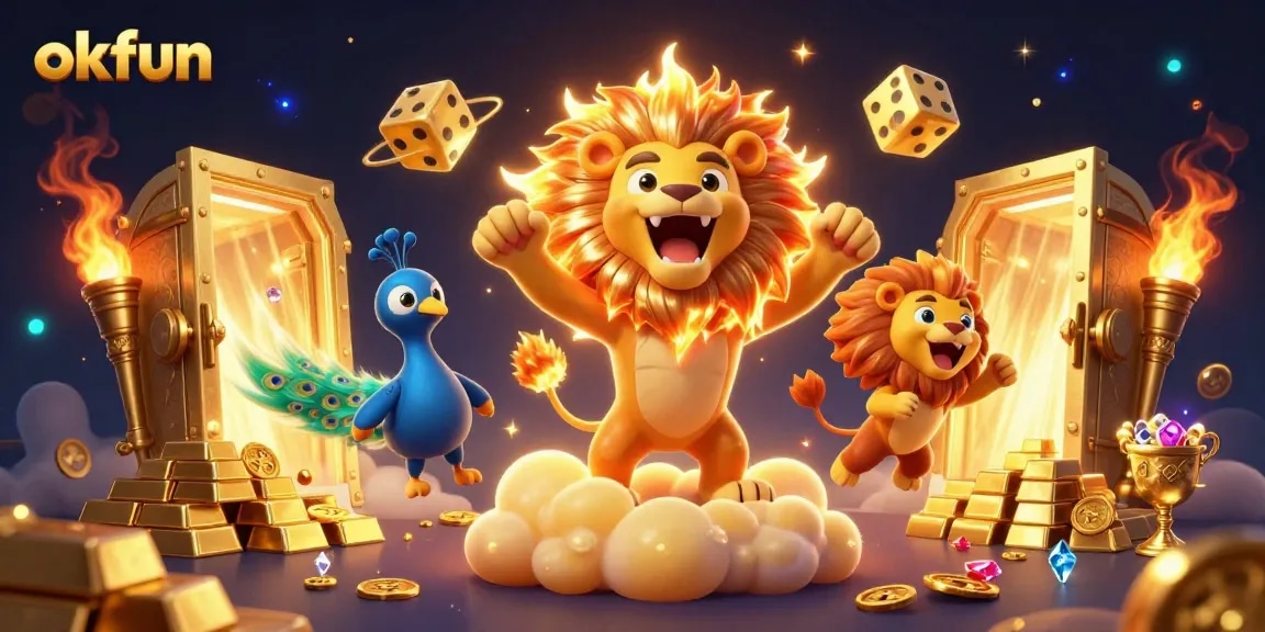 Experience thrilling gaming at okfun with vibrant visuals of the roaring lion and golden treasures.
