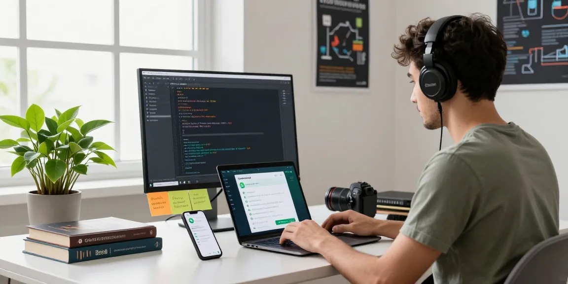 WhatsApp下載 - Developer programming in vibrant tech workspace, showcasing app integration.