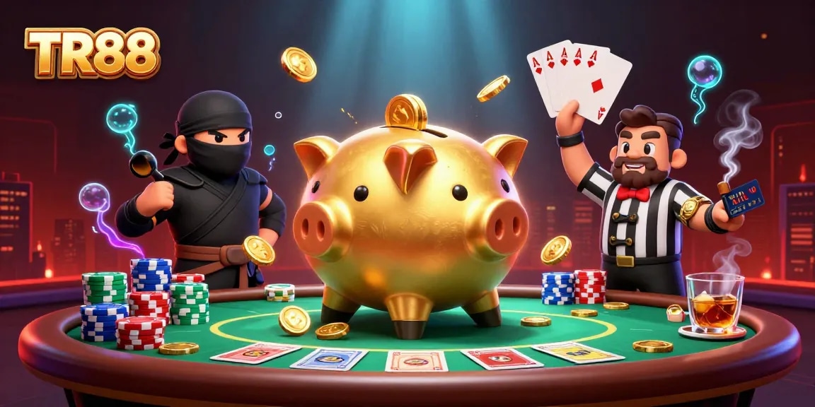 Engage in gaming action with TR88 as the sumo wrestler piggy bank shakes coins loose at an exciting poker scene.