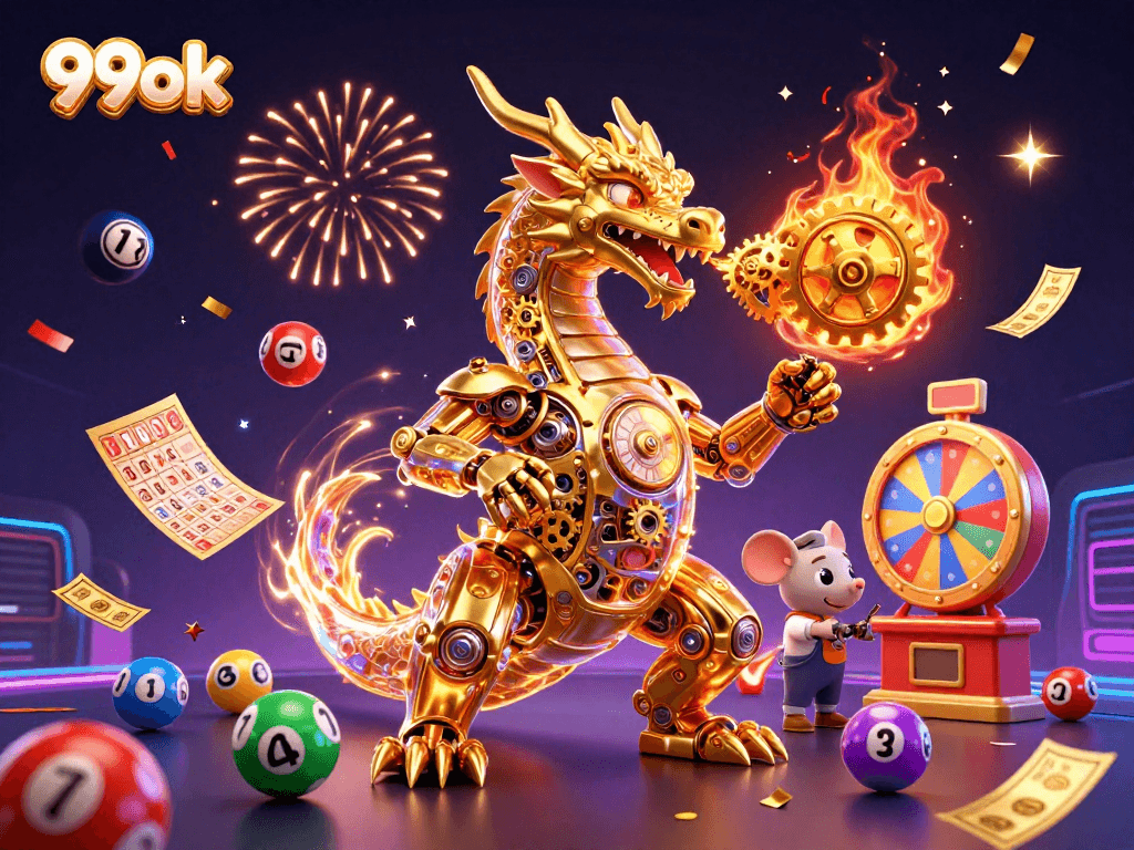 Win big with 99ok in an ultra-detailed 3D attraction featuring a golden dragon and vibrant lottery elements.