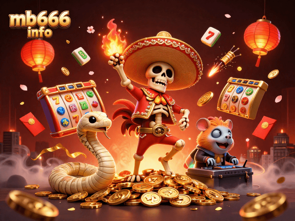 Explore vibrant gaming action with mb666 info, featuring dynamic casino characters celebrating atop golden coins.