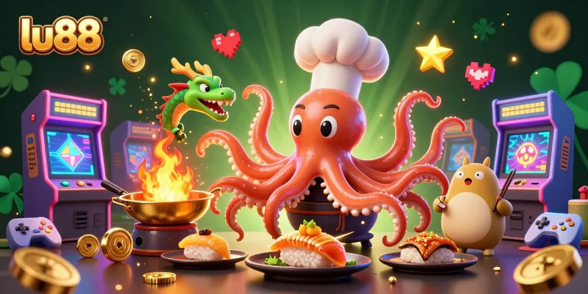 Experience exciting gameplay with lu88 in this vibrant casino illustration featuring unique characters and colorful game elements.