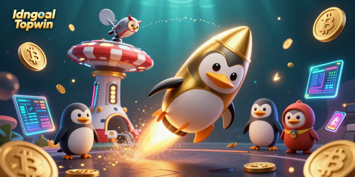 Win big with Idngoal Topwin in this vibrant casino-themed 3D illustration featuring a golden penguin.