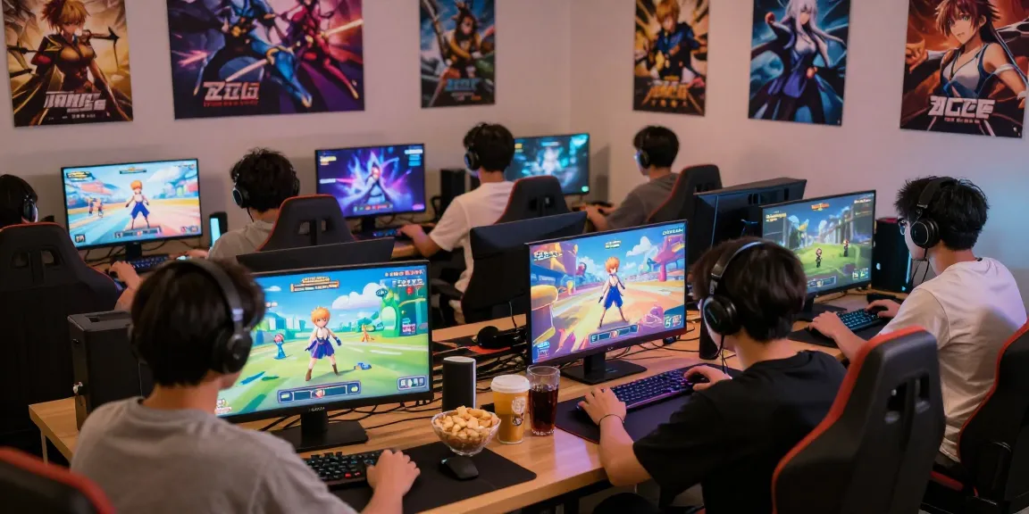 Engaged gamers enjoying hentaigames in a vibrant gaming environment with anime visuals and cozy atmosphere.