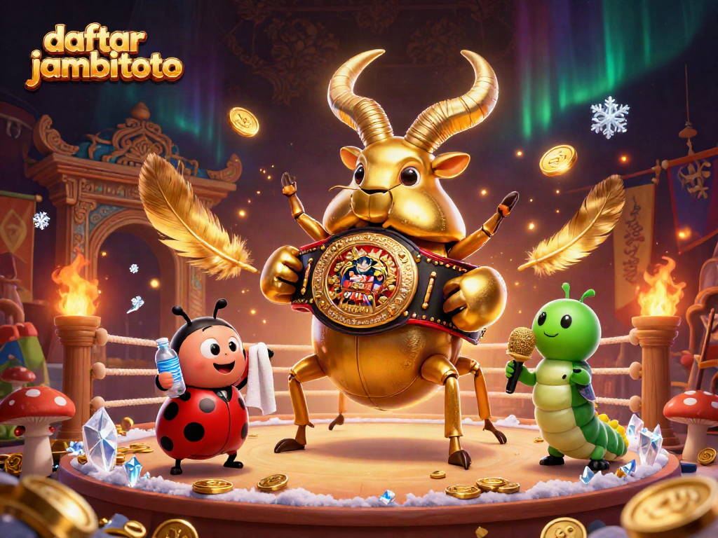 Play exciting games at daftar jambitoto, represented by a golden stag beetle champion in a dynamic casino scene.