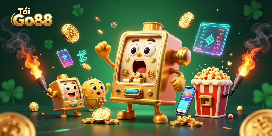 Tải Go88 showcases a golden slot machine celebrating a jackpot amidst vibrant gambling elements.