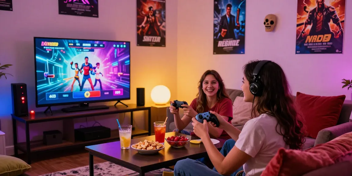 Couple enjoying interactive porno games in a cozy game room with vibrant lights and snacks.