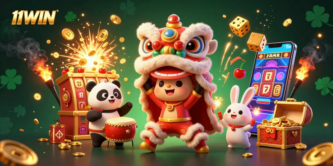 Experience the excitement of 11WIN with a vibrant lion dance and thrilling slot machine action.