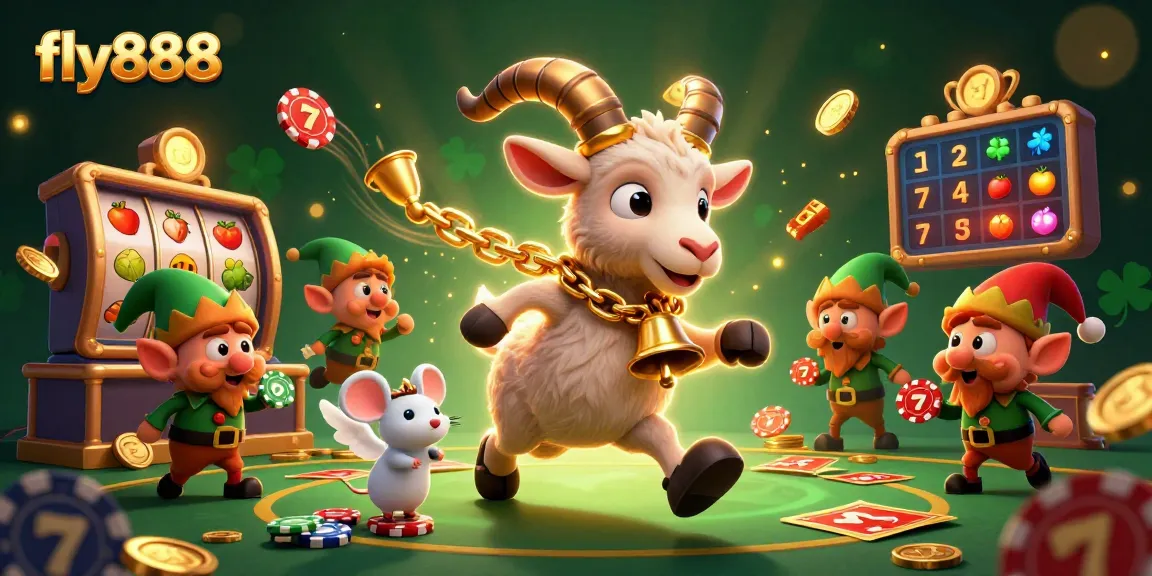 Experience fly888's thrilling casino scene with Krampus, an angel mouse, and elf gremlins amidst vibrant slot games and jackpot excitement.
