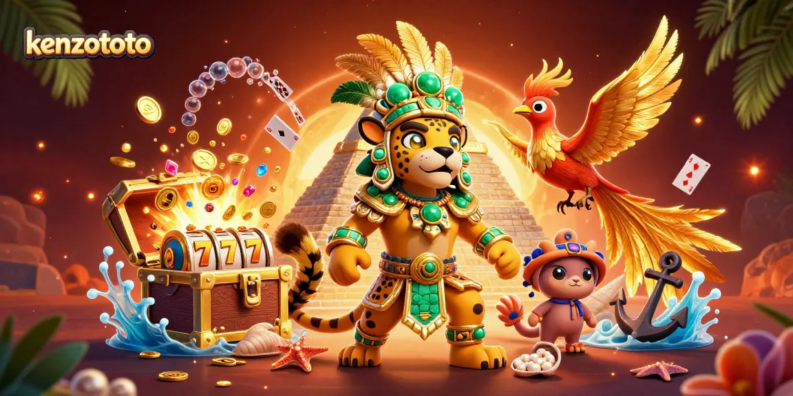 Kenzototo slots illustration featuring a Mayan priest, vibrant game elements, and dynamic casino atmosphere.