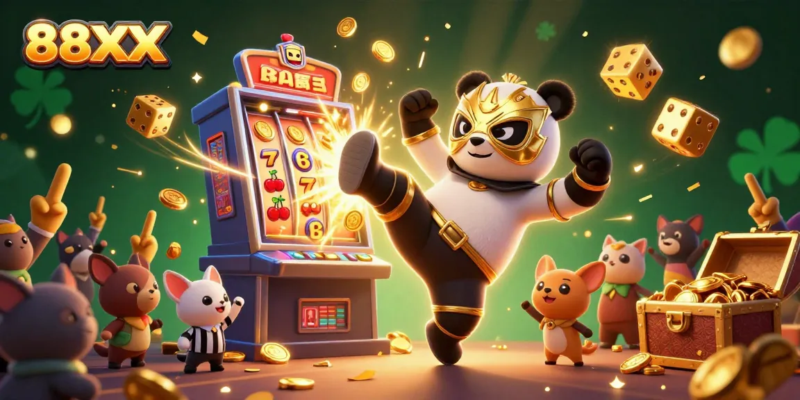 Experience the excitement of 88XX, featuring a panda wrestler in action, a referee, and vibrant casino elements.
