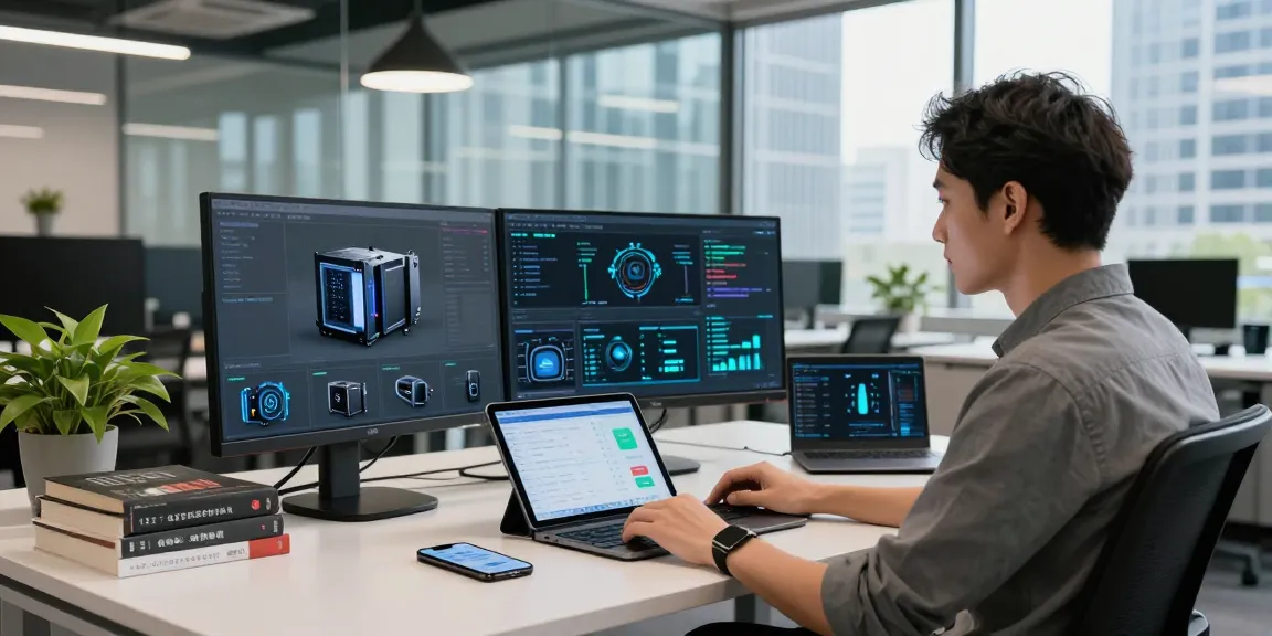 Dynamic edge computing workspace featuring multiple monitors, real-time data feeds, and a modern office environment