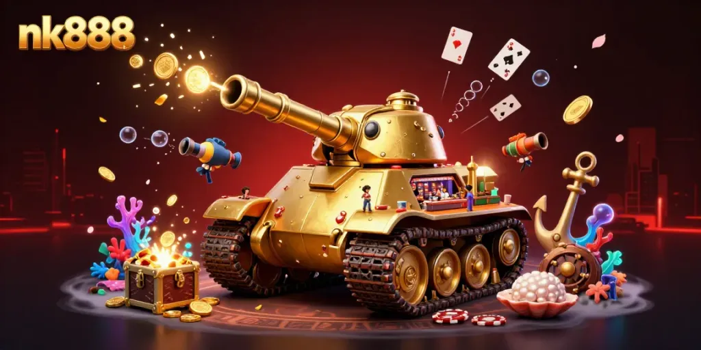 Engage with nk888 at a vibrant miniature casino inside a golden beetle tank, surrounded by treasures and games.