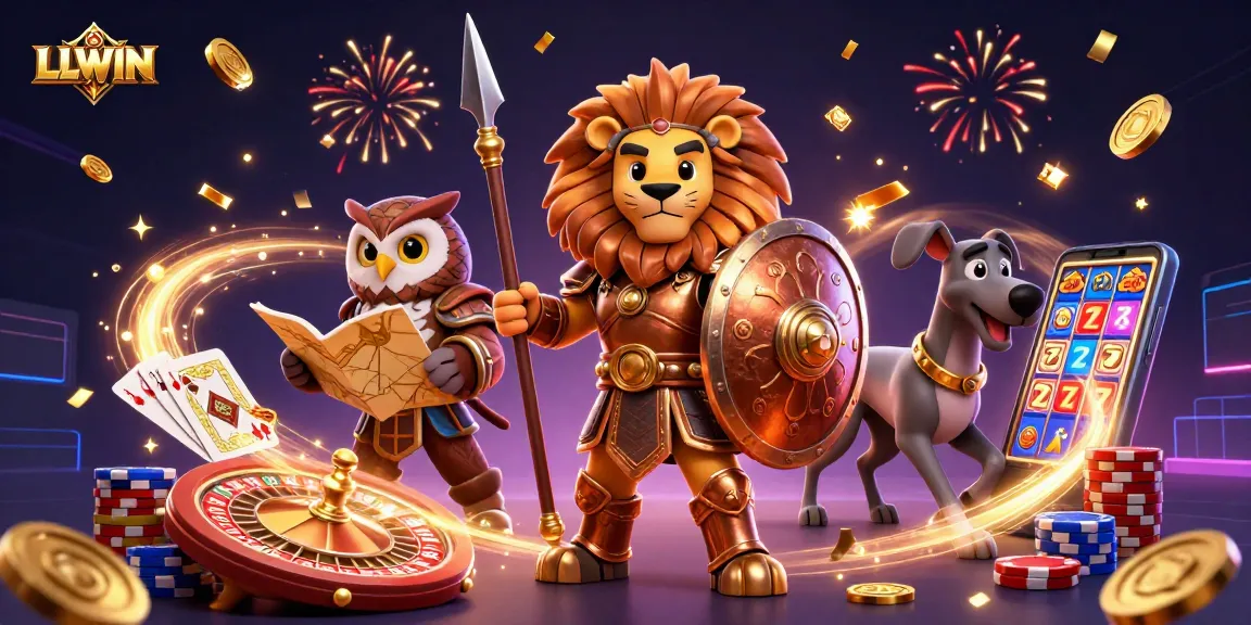 LLWIN elevates gaming excitement with a vibrant scene of a Spartan lion, owl strategist, and greyhound amidst cascading coins and cards.