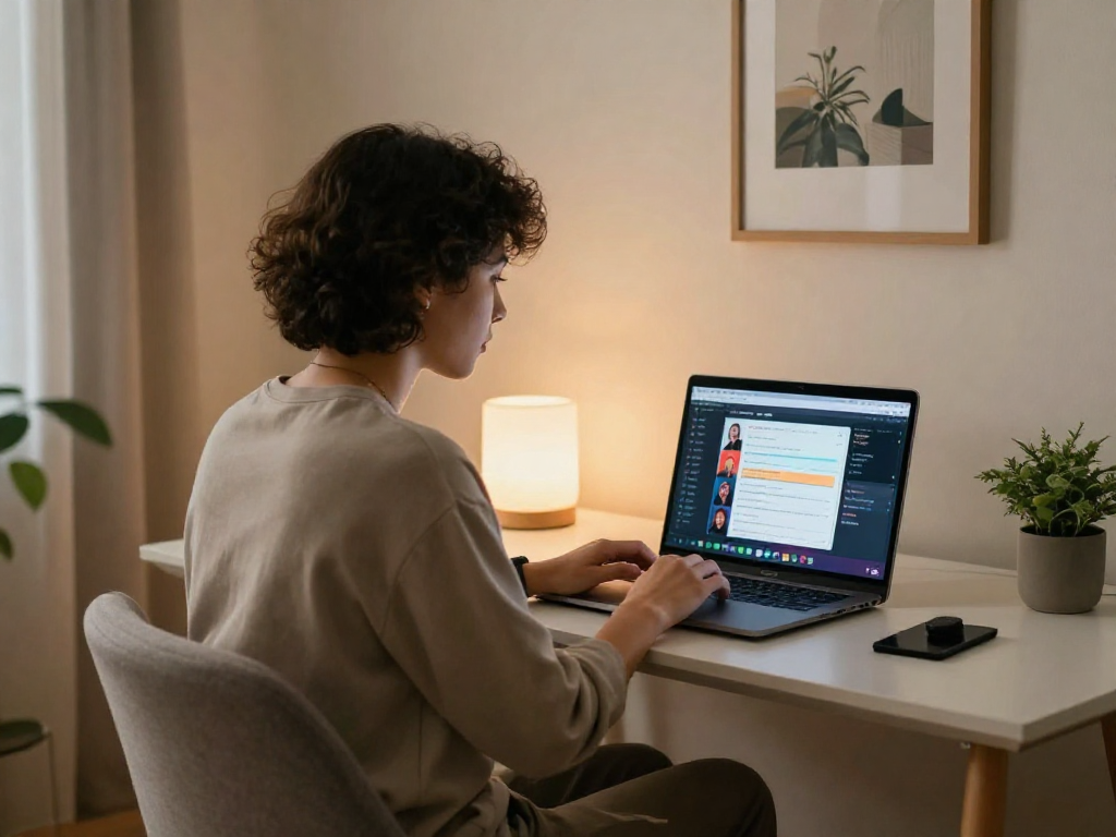 Engaging conversation in a cozy setting, showcasing the use of sex ai technology in a warm home office.