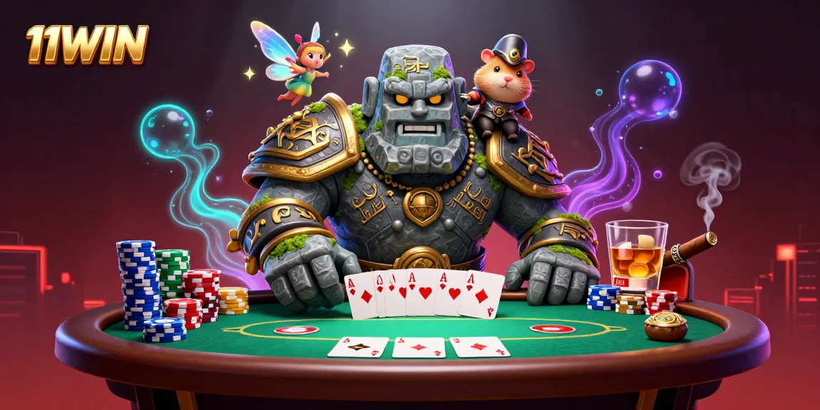 Engage with the thrilling atmosphere of 11WIN surrounded by poker elements and enchanting characters.