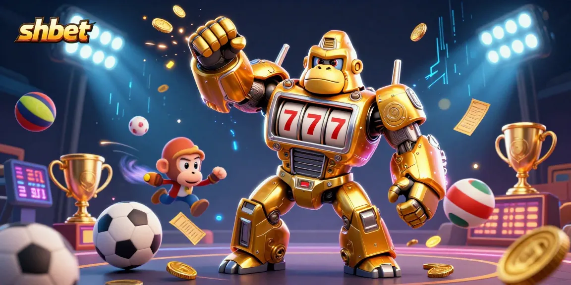 Experience shbet with a dynamic golden gorilla mech amidst explosive betting excitement in this vibrant illustration.