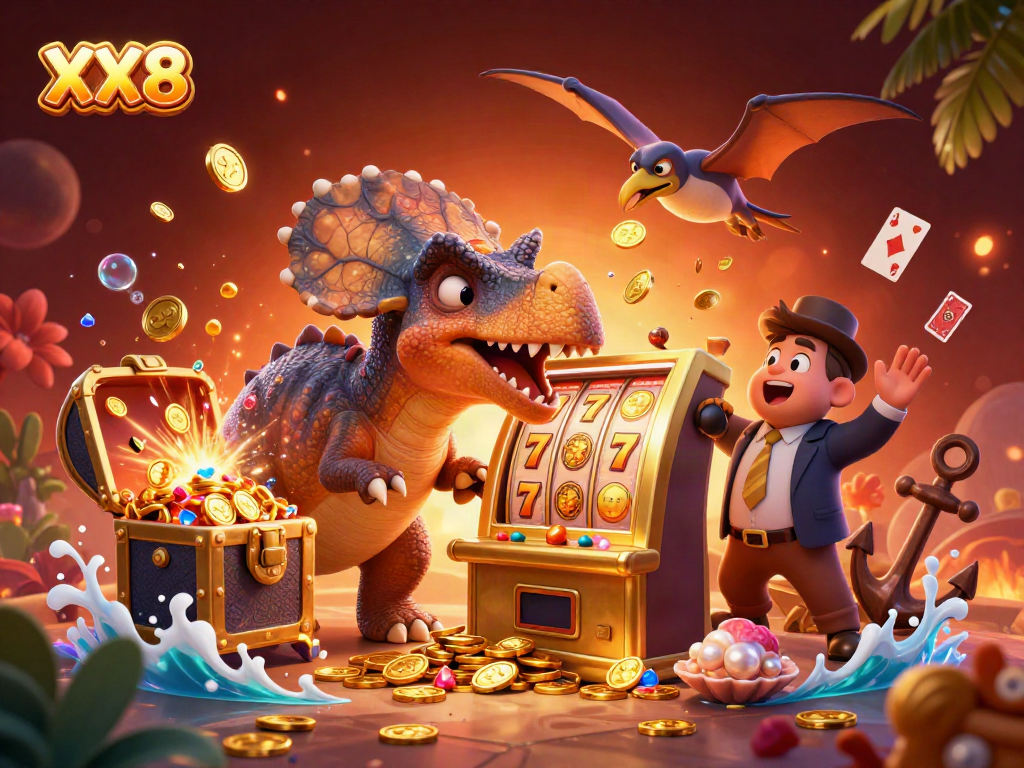 Experience the excitement of XX 8 jackpot wins with dynamic casino elements and cartoon dinosaurs