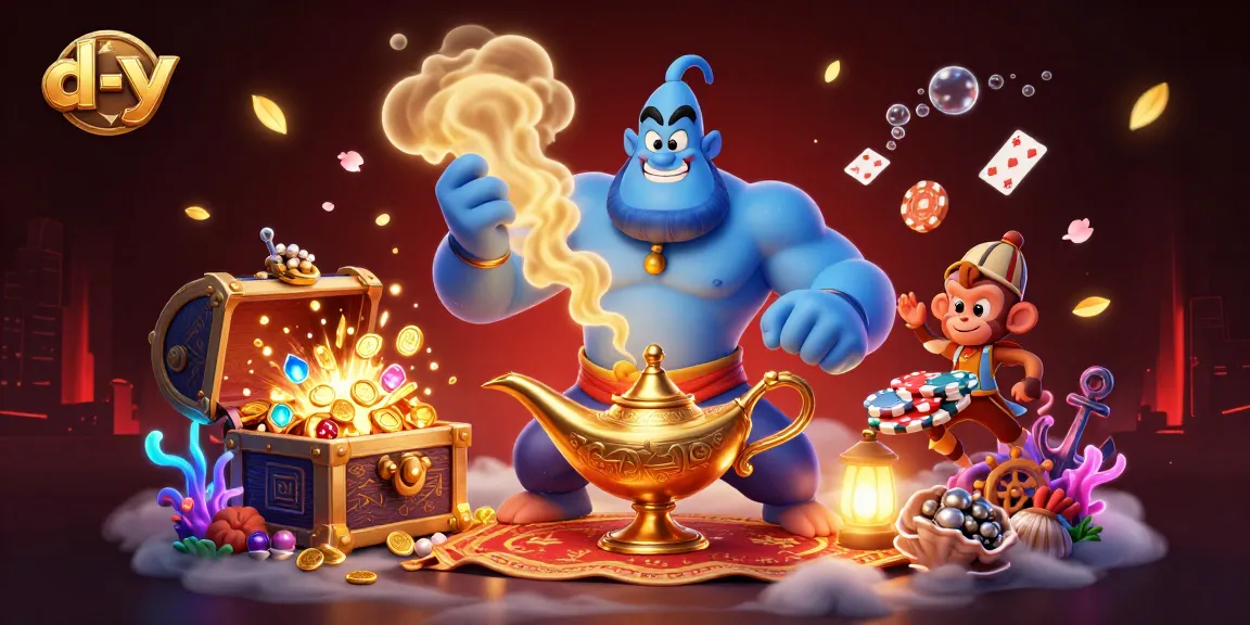 Dice and cards fly from the magic carpet in a vibrant d-y casino scene