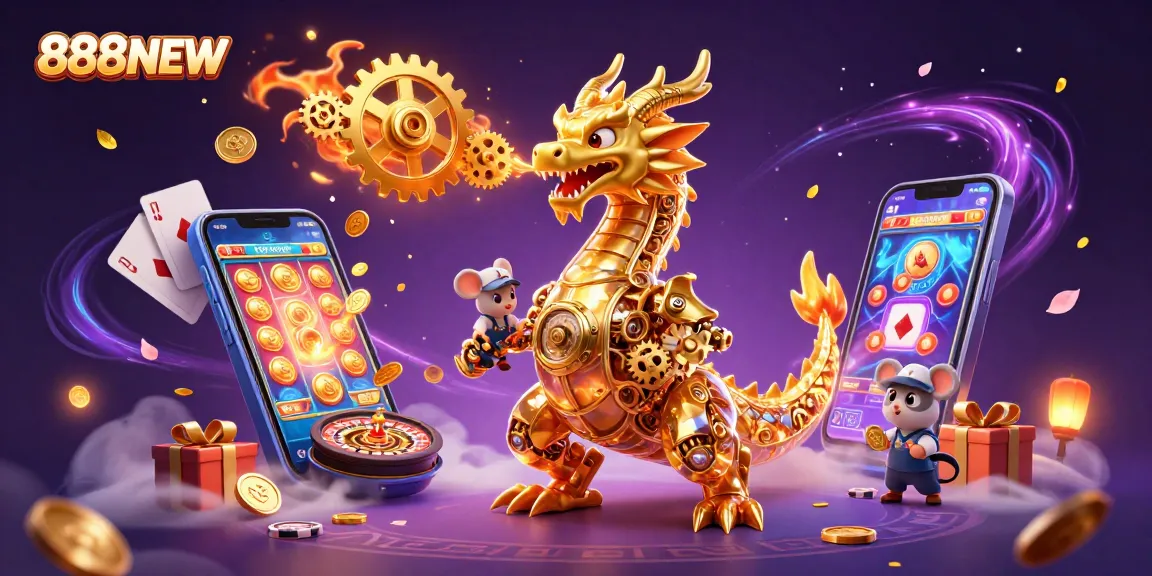Engage with 888NEW's thrilling slot games featuring a golden dragon amidst golden coins and vibrant game elements.