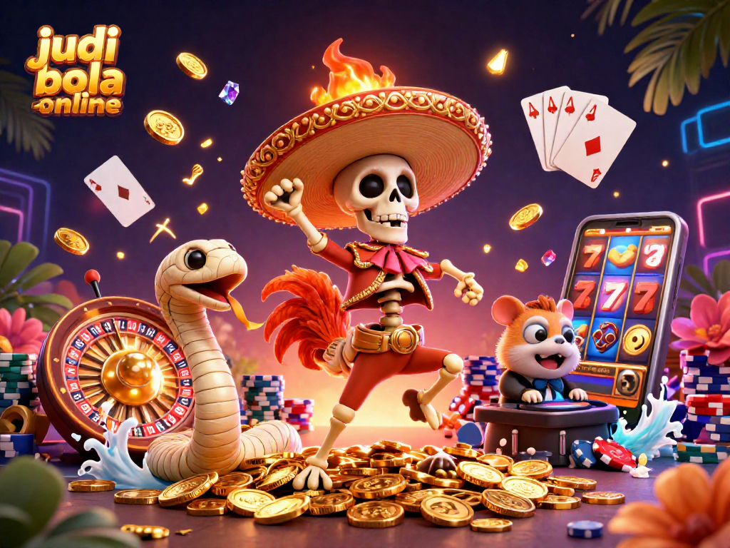Engage in judi bola online with an ultra-detailed 3D vibrant illustration showcasing dynamic characters and casino elements.
