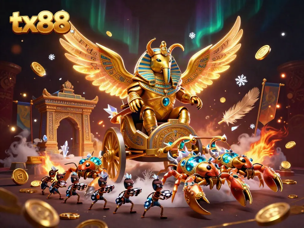 Experience the excitement of tx88 with a vivid 3D casino illustration showcasing a golden scarab beetle scene.