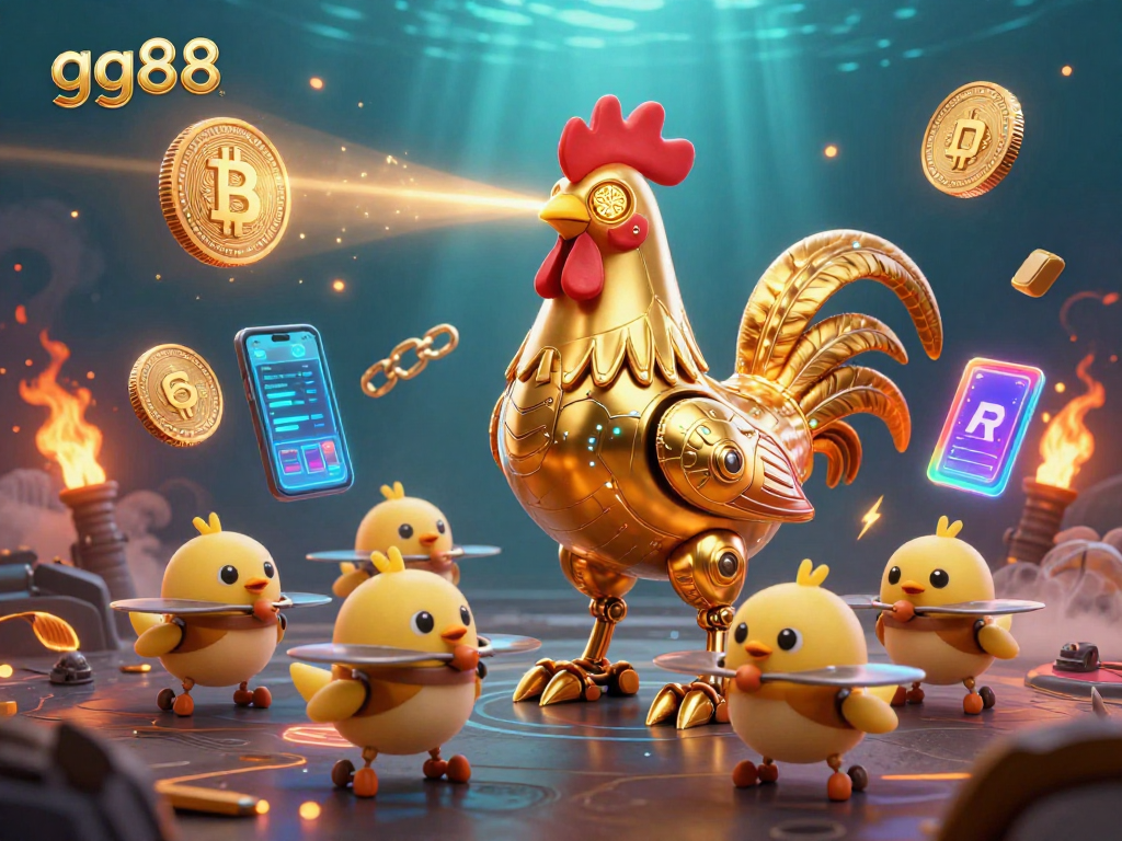 Engage with gg88 through a fun 3D illustration depicting a golden rooster robot and baby chick drones, showcasing our unique gaming experience.