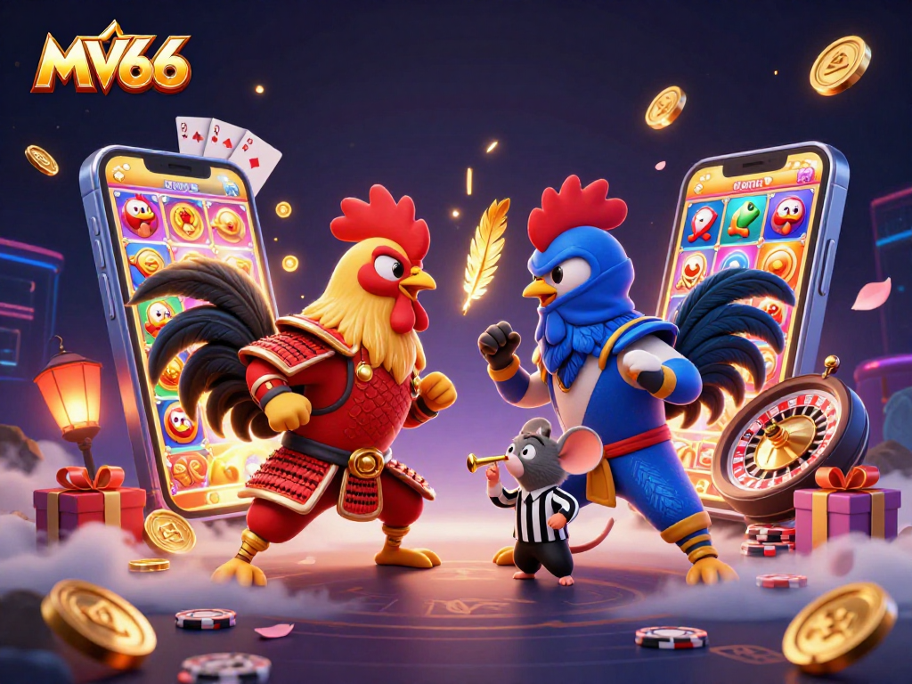 Experience thrilling action at MV66 with 3D cartoon roosters battling amidst vibrant casino games and colorful elements.