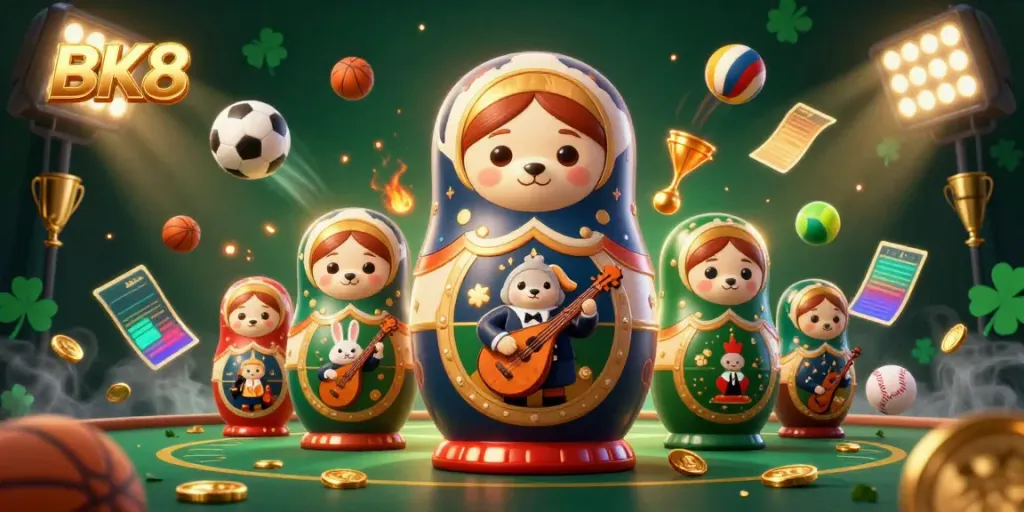 Experience thrilling casino action with BK8 in this vibrant graphic featuring a Matryoshka bear and sports elements.