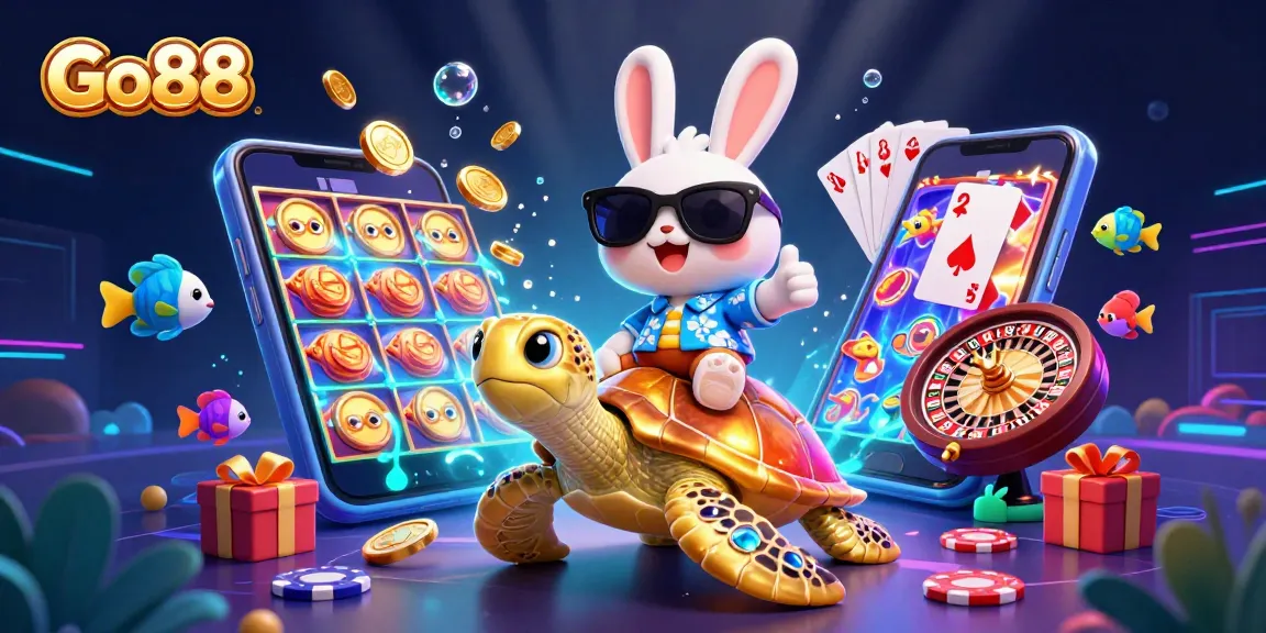 Engage with Go88's exciting gaming world, featuring a lucky rabbit, a golden turtle, and vibrant casino elements.