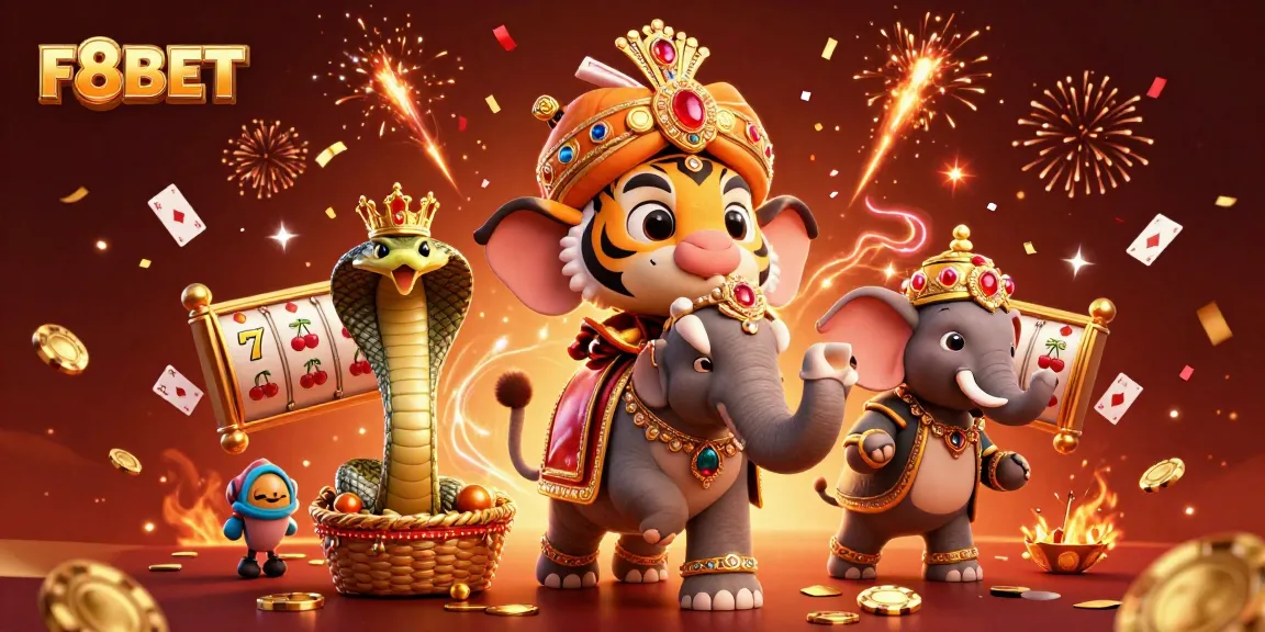 Play and win with F8BET's dazzling casino scene featuring vibrant characters and casino elements.