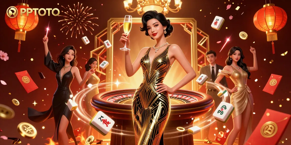 PPTOTO menampilkan seorang wanita Asia yang elegan di tengah suasana kasino yang hidup dengan ubin mahjong dan simbol keberuntungan.