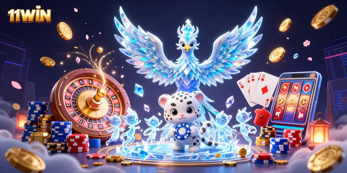 Experience the thrill of 11WIN with an ice phoenix and a snow leopard in a vibrant casino scene.