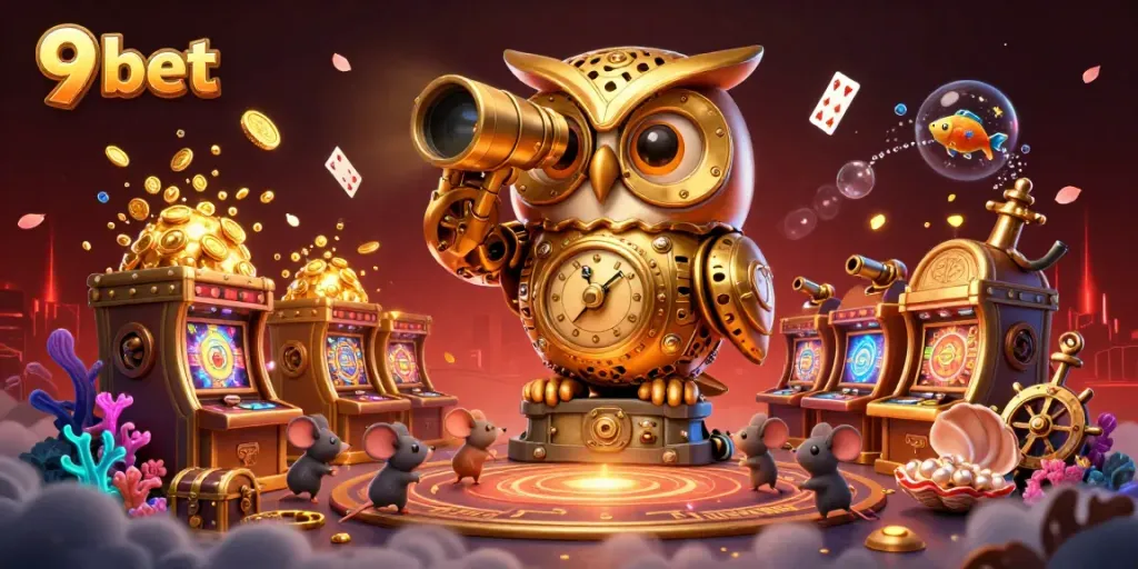 Engage with 9 bet amid a rich 3D casino scene filled with vibrant gaming elements and lively characters.