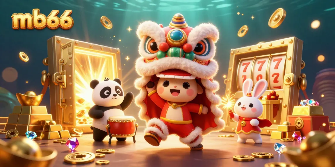 Experience thrilling gameplay at mb66 casino with vibrant characters dancing around treasures and slot reels.