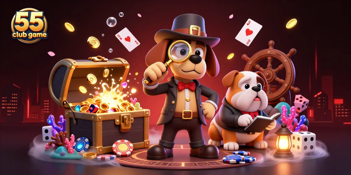 Engage in the 55 club game with a playful scene of a detective and dog uncovering poker treasures.