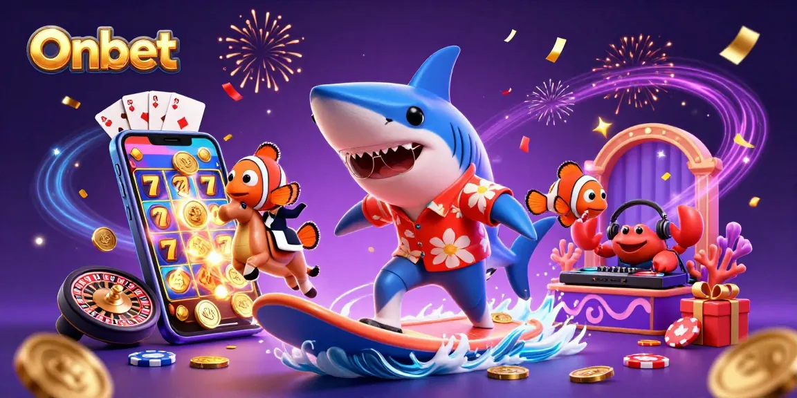 Experience thrilling gameplay at Onbet with a vibrant casino scene, featuring a shark and friends.