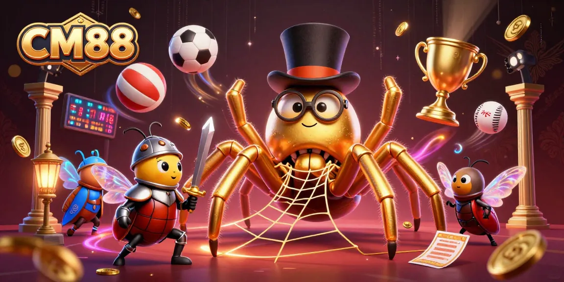 Engage with CM88's dynamic gaming experience, featuring a golden tarantula and beetle knight in a thrilling casino scene.