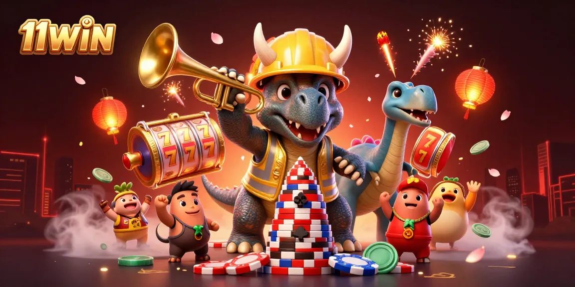 Experience the excitement of 11WIN with a vibrant 3D casino celebration illustration showcasing fun characters and dynamic gaming elements.