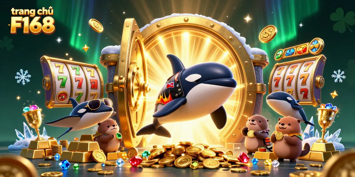 Engage in exhilarating wins on trang chủ F168 with vibrant orca, stingray, and otters amidst golden treasure and dynamic gaming elements.