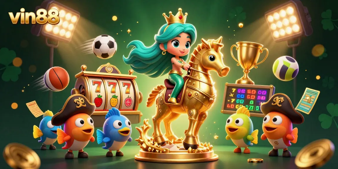 Engage in thrilling slots with vin88's colorful mermaid princess and golden seahorse in a dynamic casino illustration.