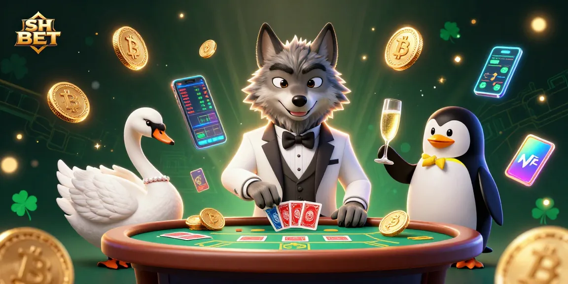 Engage with SH BET featuring a debonair wolf, elegant swan, and penguin sommelier in a vibrant casino scene.
