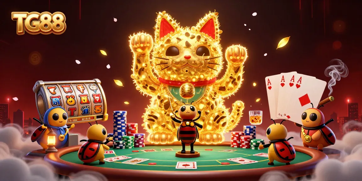 Experience the casino magic of TG88 with vibrant gaming elements and a lucky cat that brings fortune.