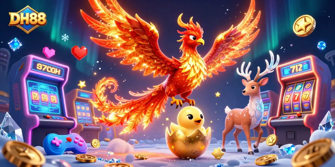 Engage with thrilling casino action at DH88, featuring a soaring phoenix and vibrant game elements.