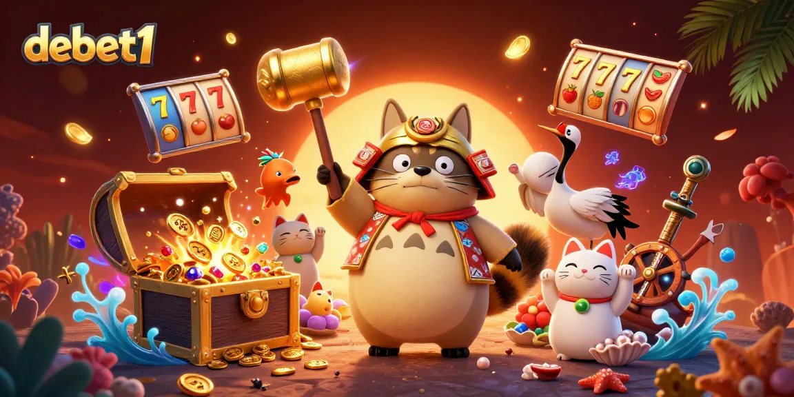 Spin the reels with debet1 as cheerful characters celebrate luck and treasure in a vibrant casino scene.